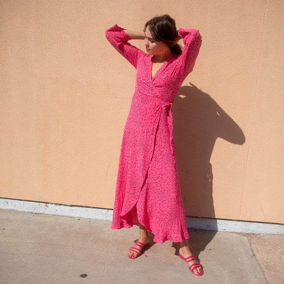 GANNI Pink Floral Crepe Wrap Maxi Dress - Picture 2 of 11